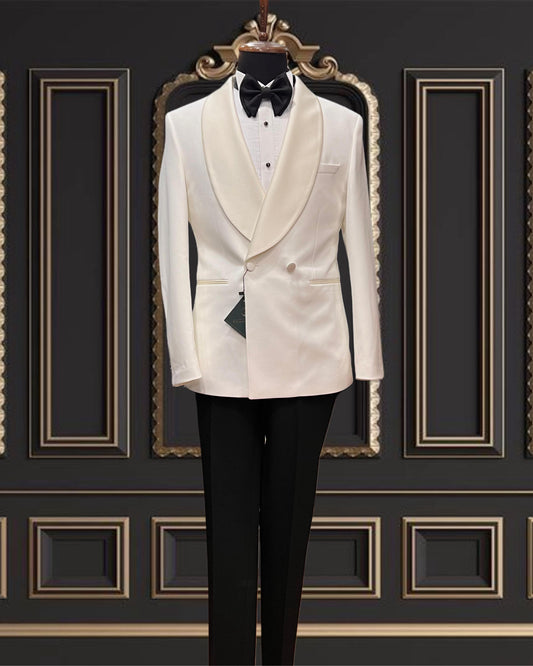 Men’s Off-White (Ivory) Double Breasted Tuxedo with Shawl Lapel