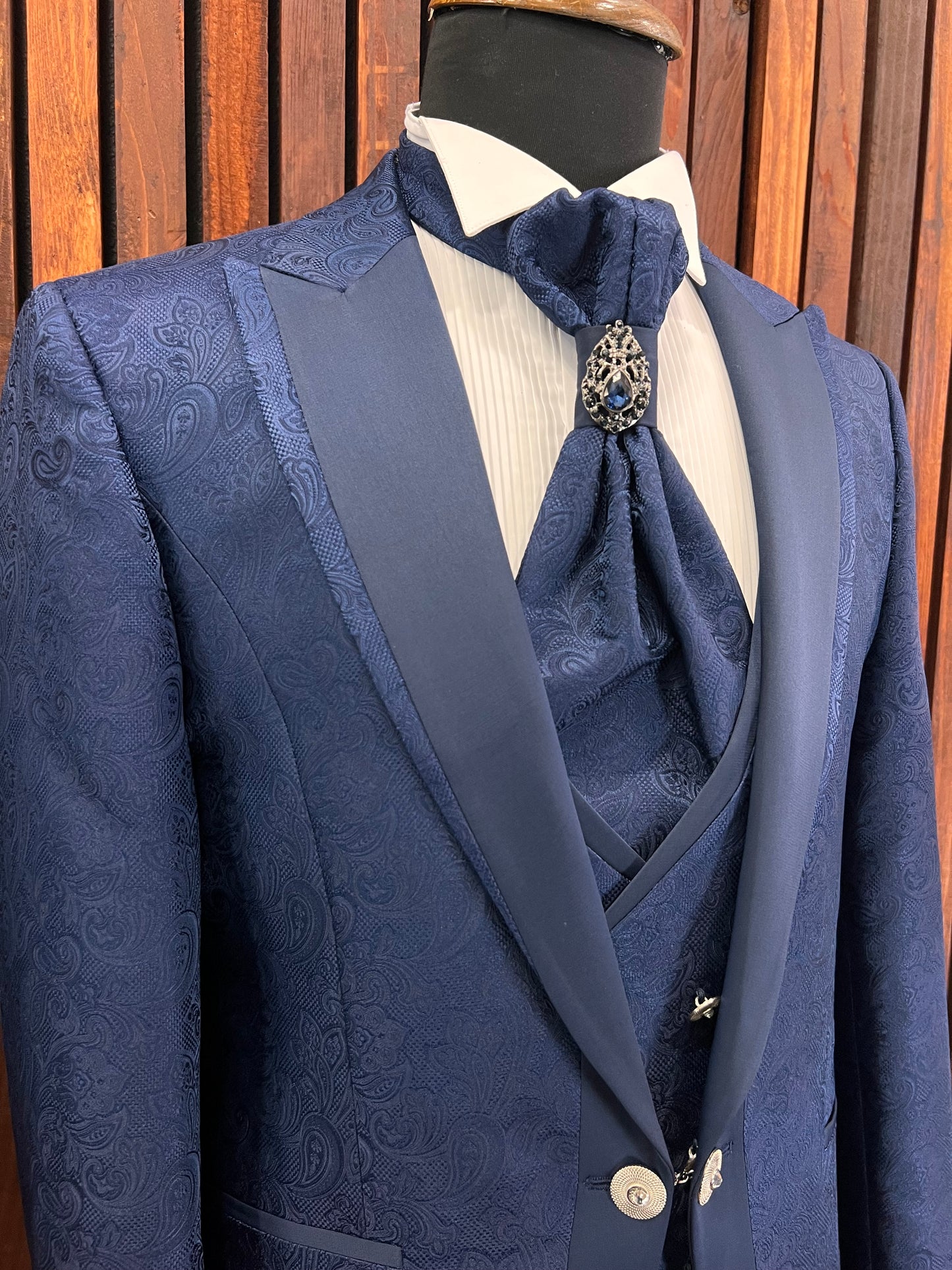 Mens Slim Fit Blue Tuxedo | Peak Lapel Floral Tuxedo | Wedding & Special Events