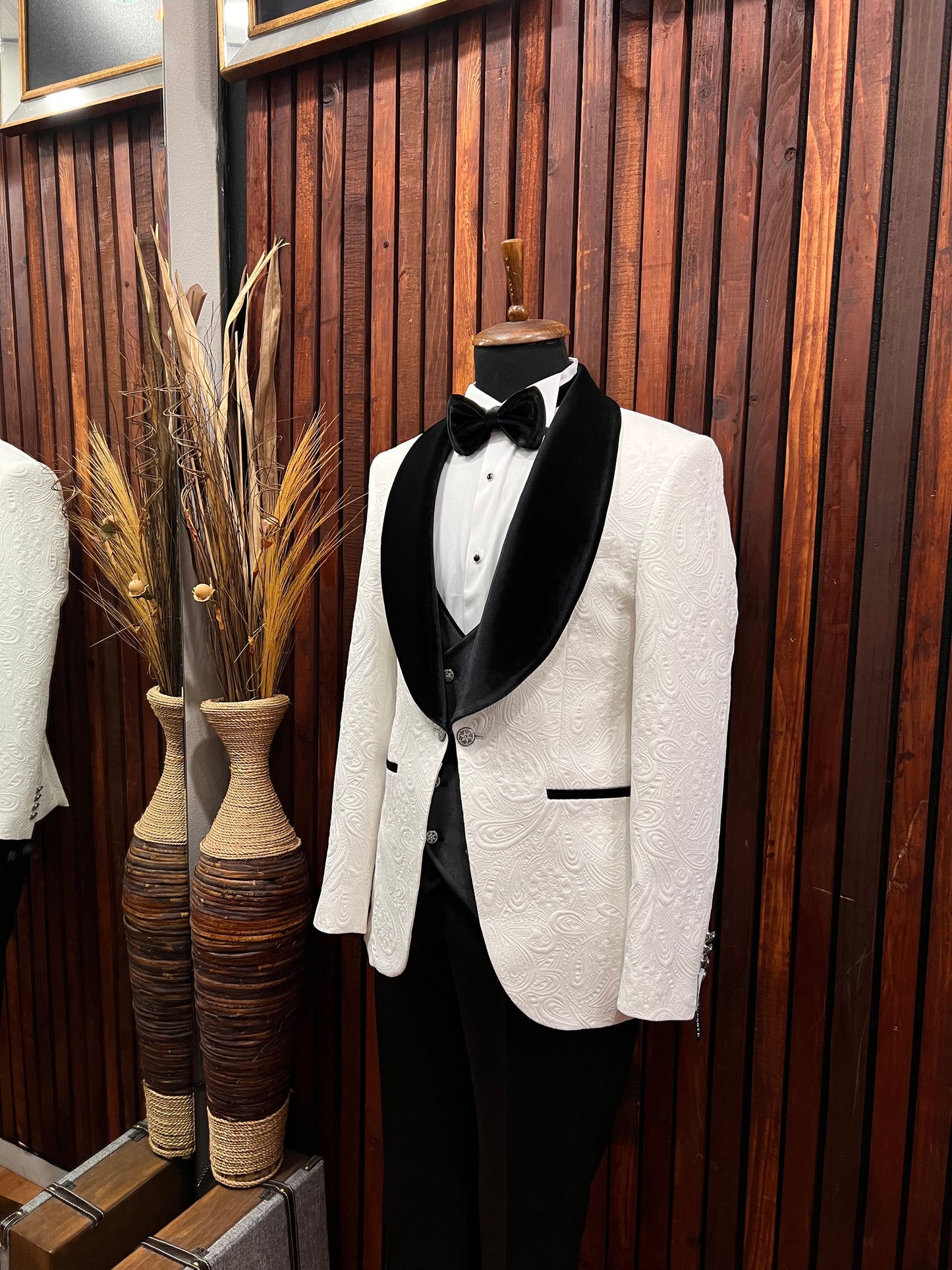 Men's White Floral Tuxedo with Black Velvet Shawl Lapel | Tuxedo for Weddings & Galas