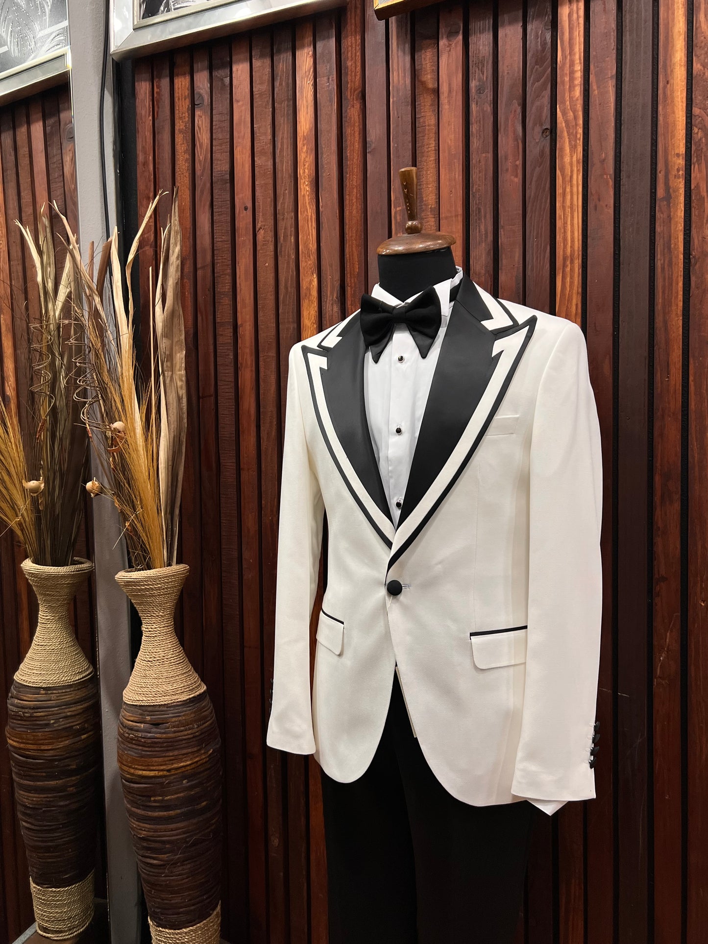 Premium Men's White Tuxedo with Black Peak Lapel & Black Pants – Elegant & Modern