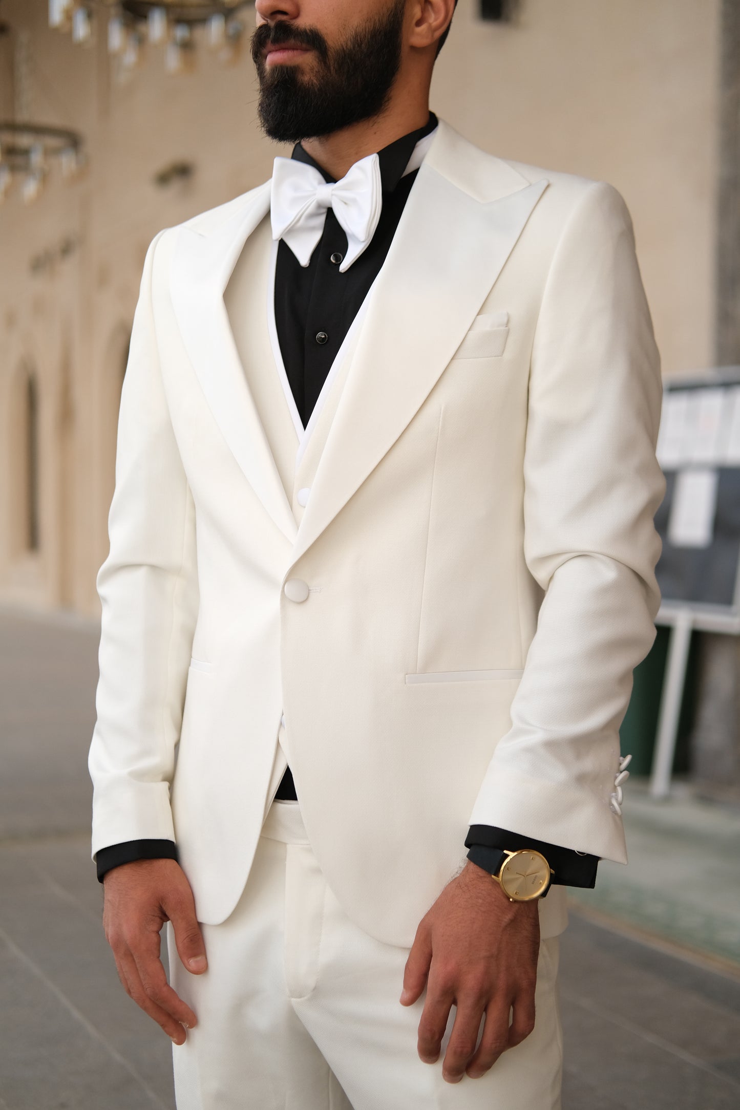 Premium Slim Fit all Off White Color Wedding Tuxedo _ White Peak  Lapel special sleeves