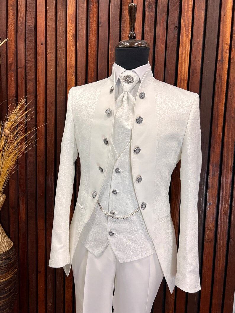 Men's Off White Floral Tuxedo with Mandarin Collar | Slim Fit Premium Tux