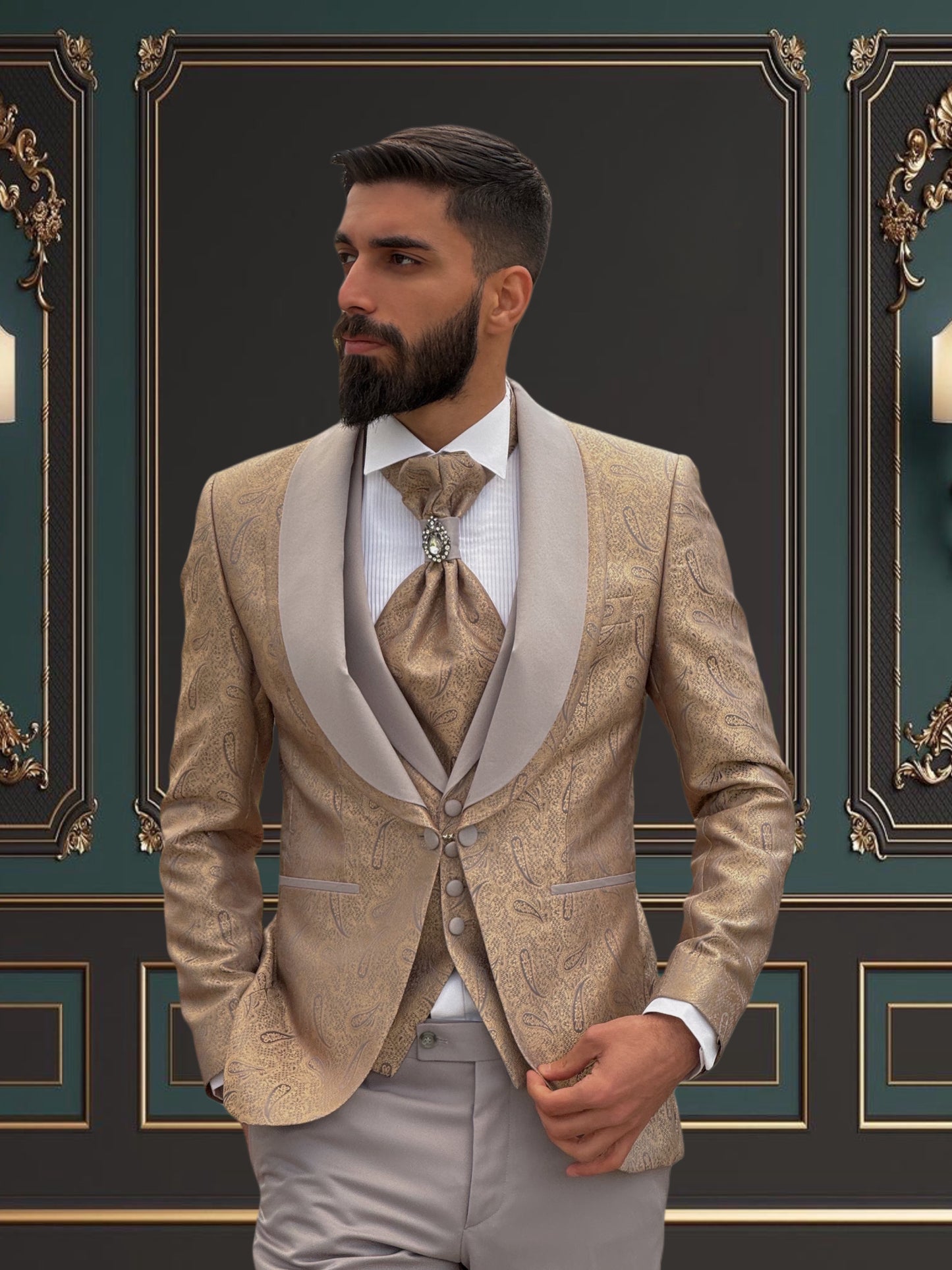 Men's Gold & Grey Shawl Lapel Tuxedo | Weddings & Galas