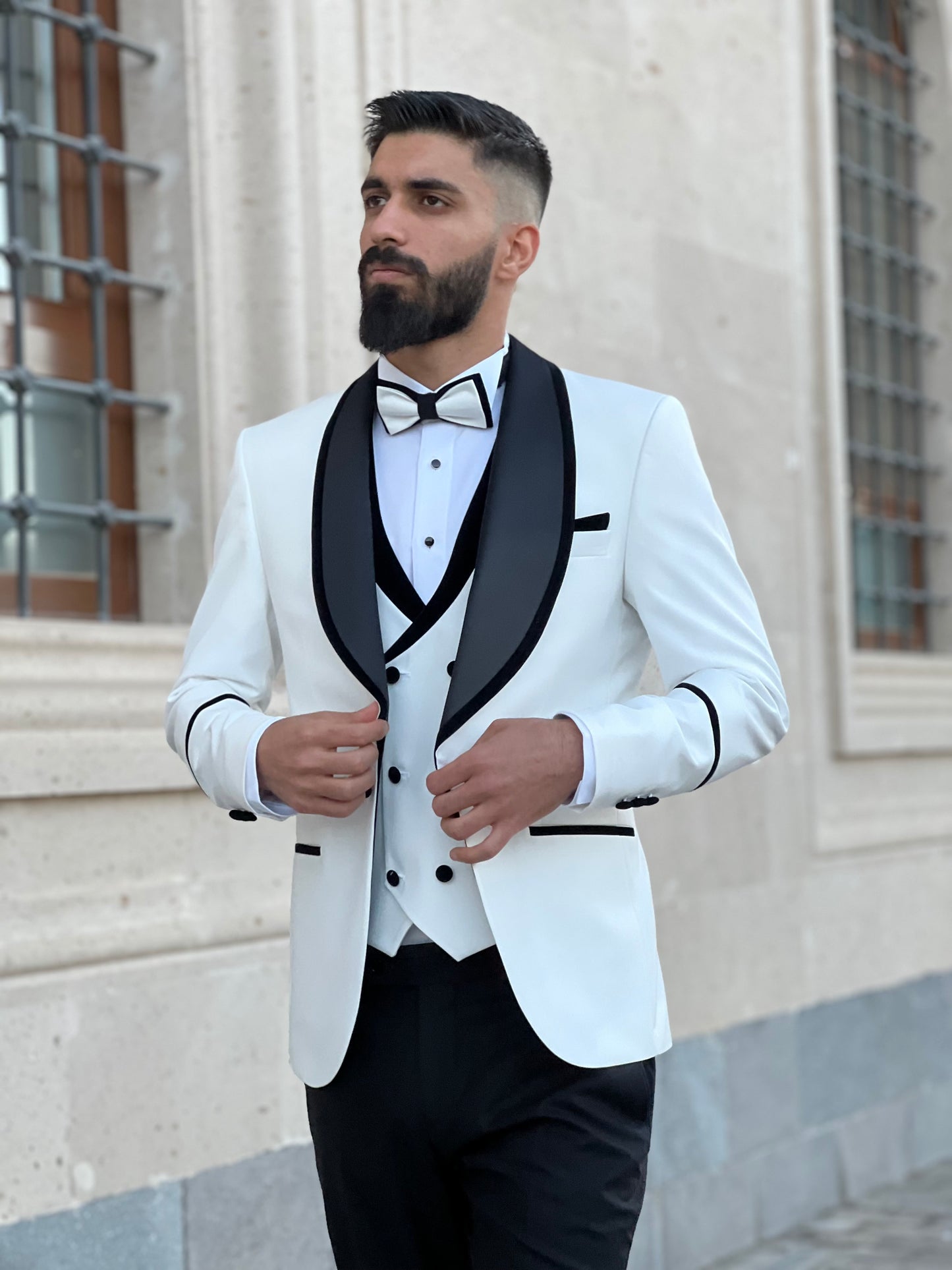 Men's Off-White Tuxedo with Black Satin Lapel | Premium Formal Wear