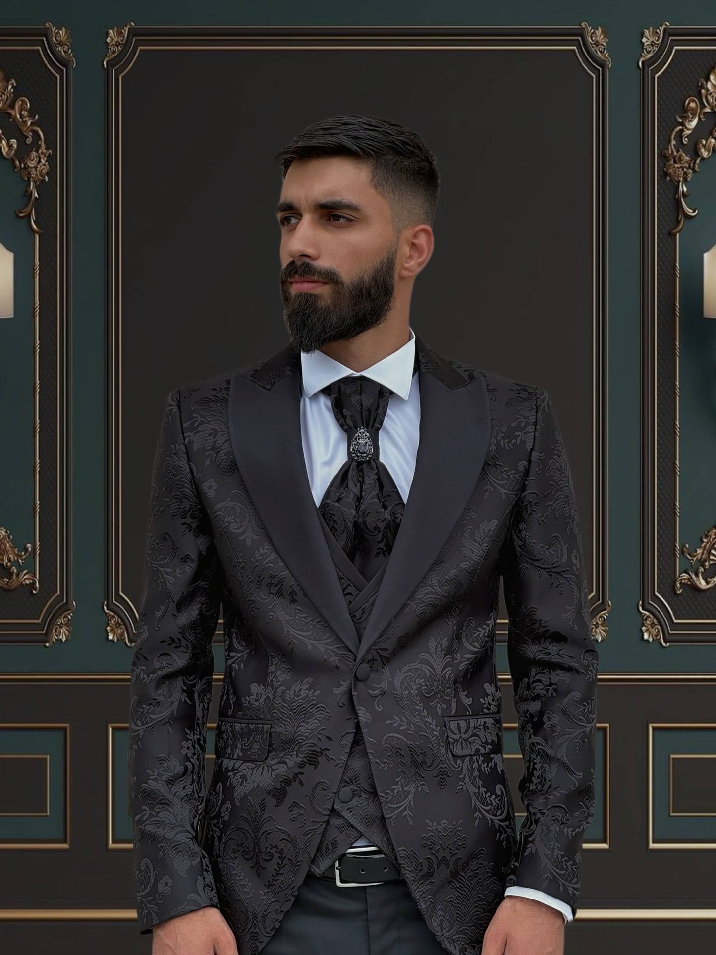 Men's Black Floral Design Tuxedo with Peak Lapel | Elegant Formal Wear