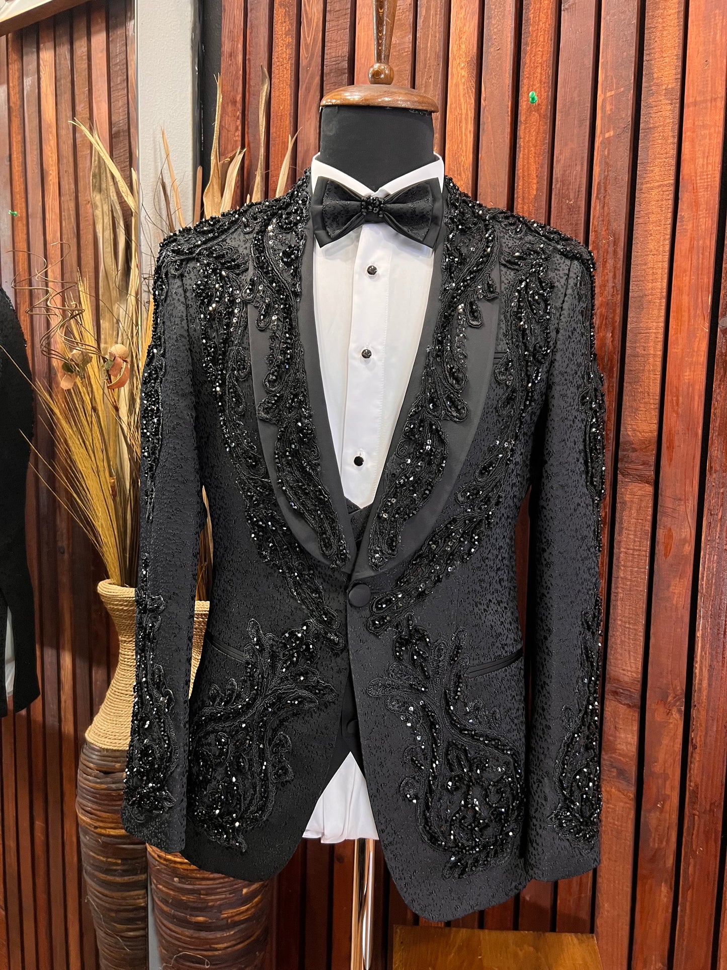 Hand Made Slim Fit Mens Black embroidered tuxedo with Stones