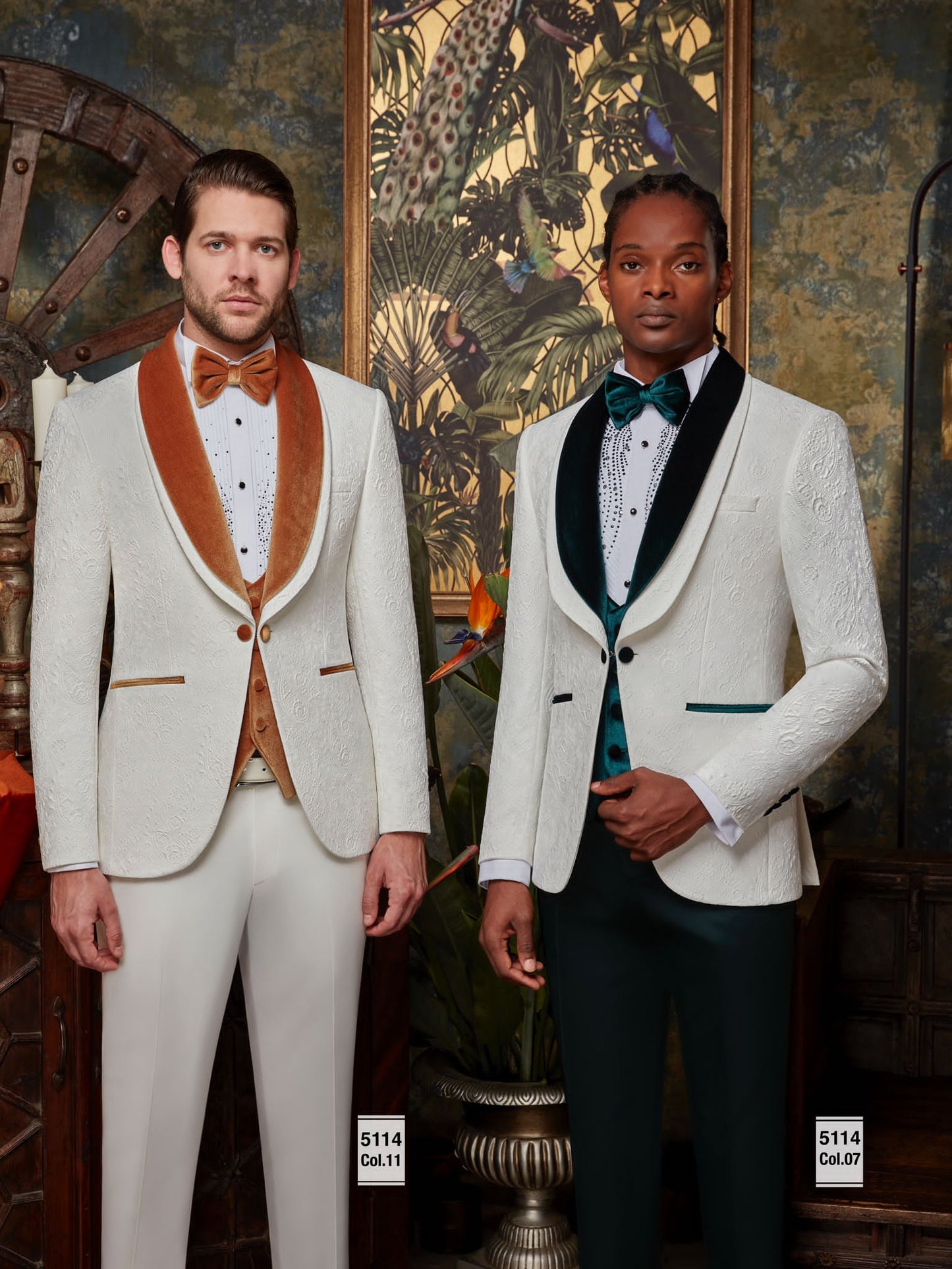 Mens white tuxedo with Green velvet lapel Slim fit 3 piece Tuxedo | Premium