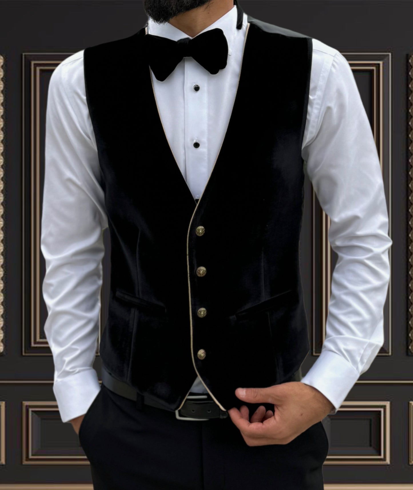 Men's Black Velvet Tuxedo with Gold Trimmed Shawl Lapel | Luxurious Formal Wear