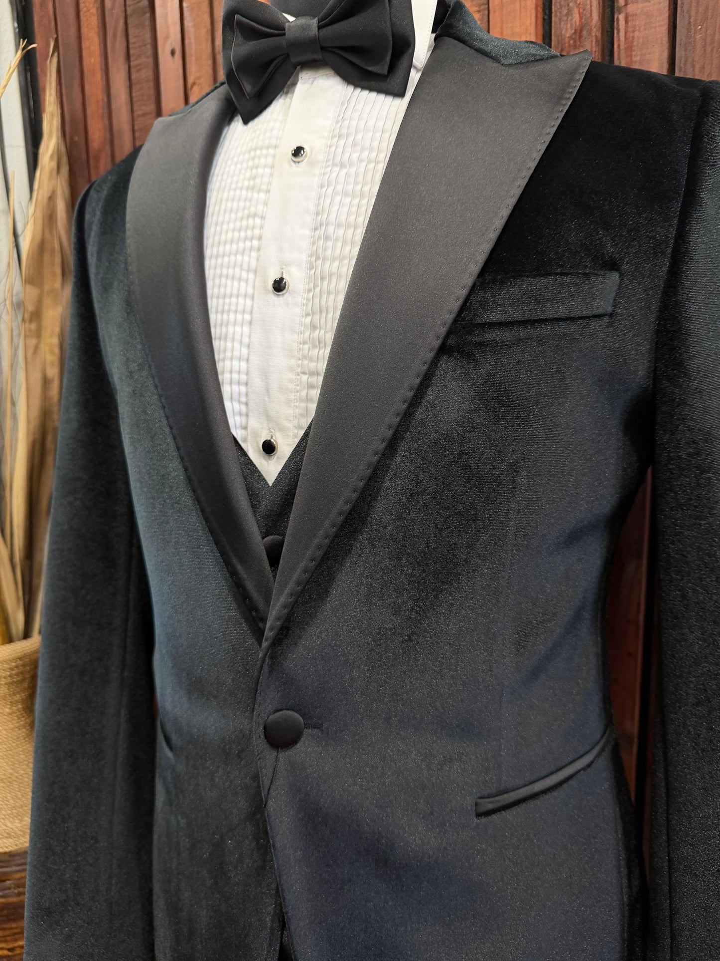 Mens Black Velvet Tuxedo with Satan Peak Lapel