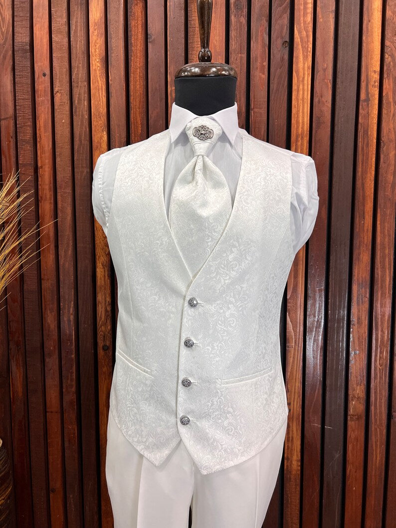 Men's Off White Floral Tuxedo with Mandarin Collar | Slim Fit Premium Tux