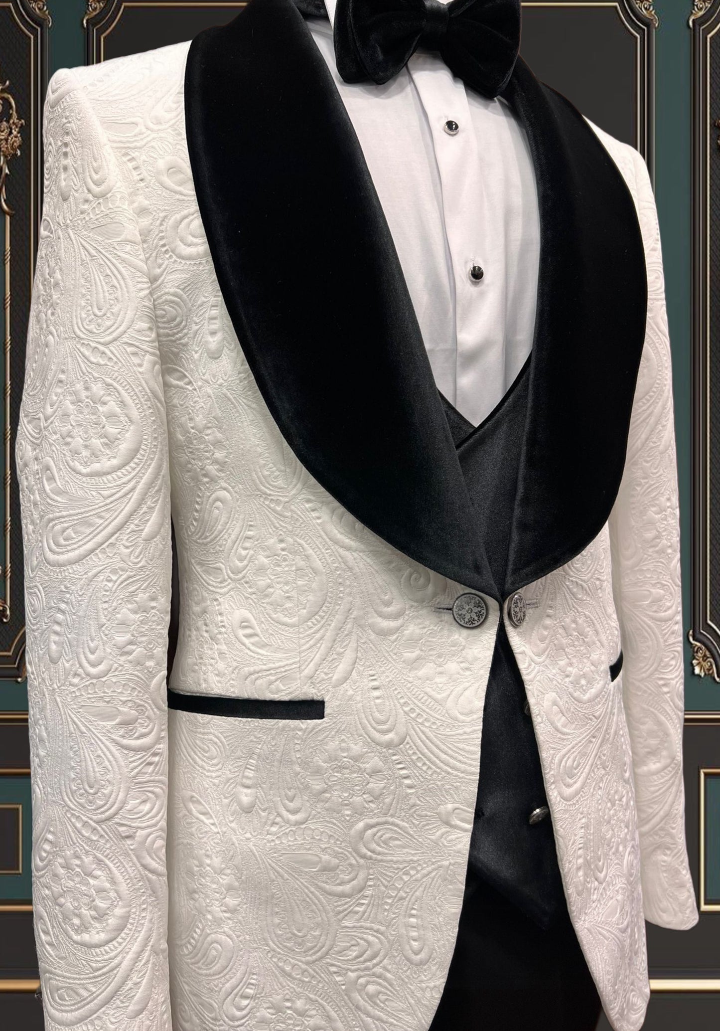 Mens white floral tuxedo With Black Velvet Shawl Lapel Slim Fit 4 piece Tuxedo | Premium Quality