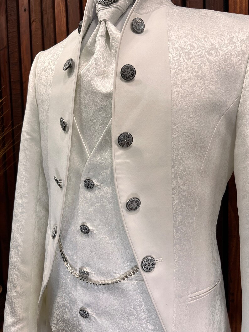Men's Off White Floral Tuxedo with Mandarin Collar | Slim Fit Premium Tux