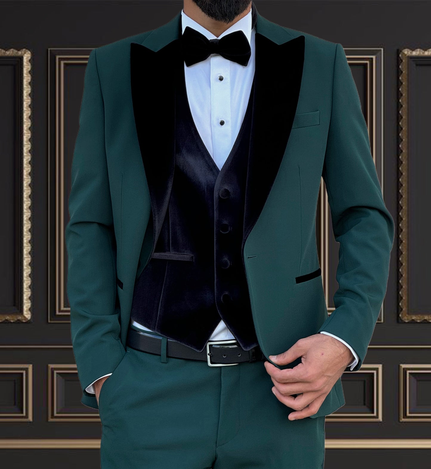 Green Wedding Tuxedo Velvet peak lapel