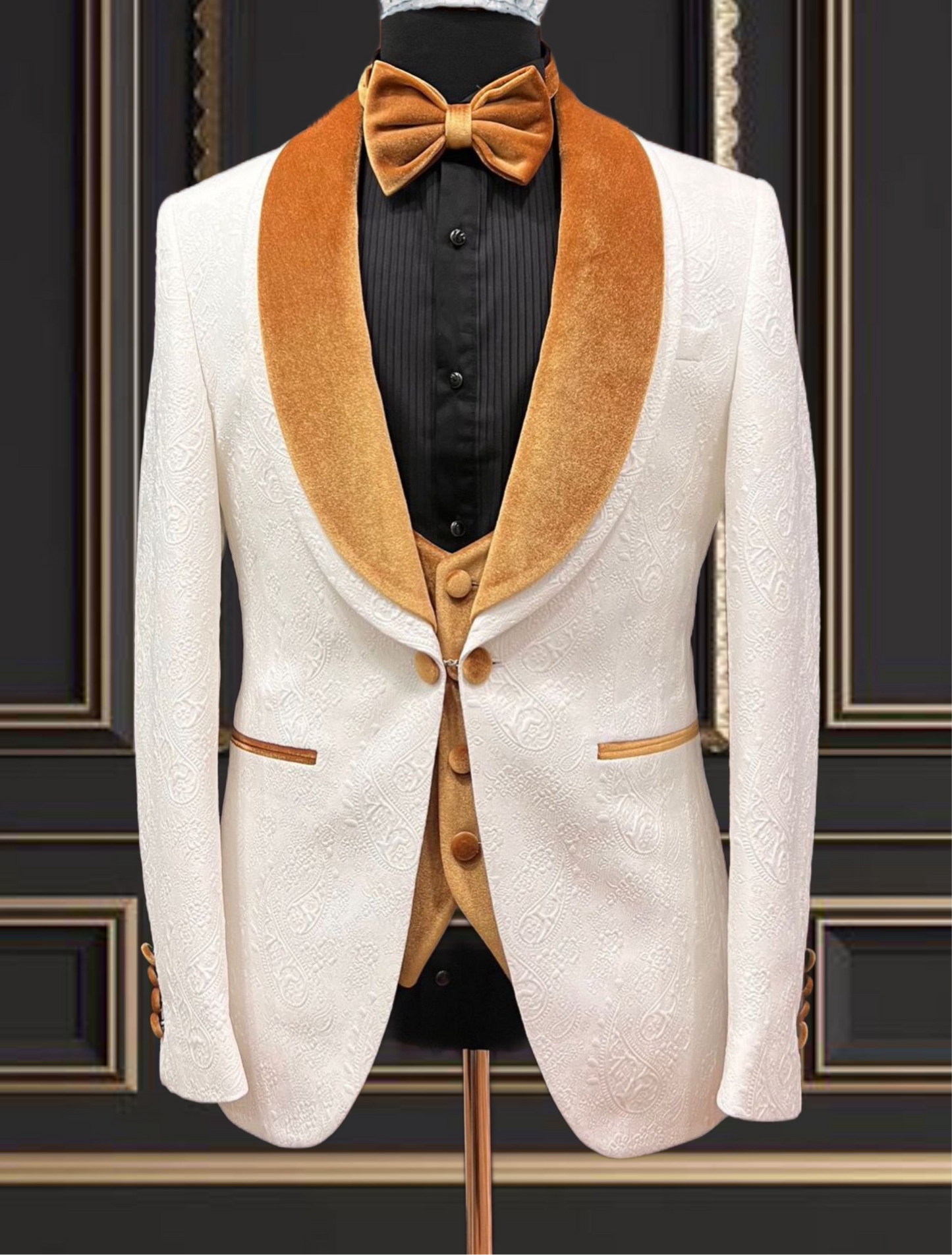 Mens White Tuxedo with gold velvet lapel Slim fit 3 piece Tuxedo | Premium