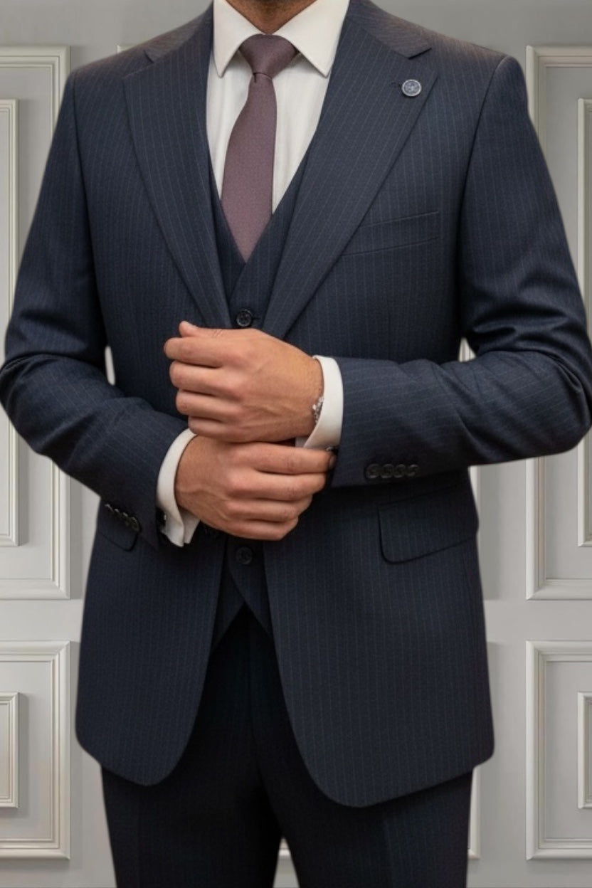 Men’s Navy Blue Pinstripe 3-Piece Suit | Slim Fit Formal Suit