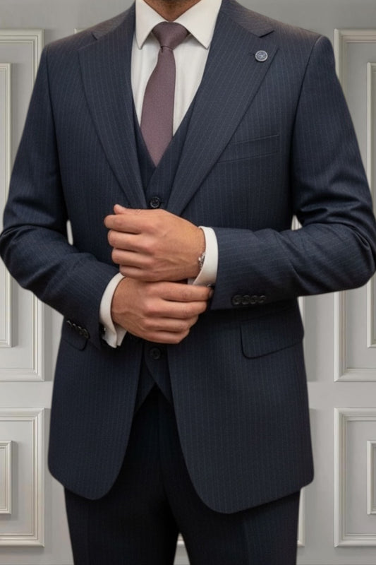 Men’s Navy Blue Pinstripe 3-Piece Suit | Slim Fit Formal Suit