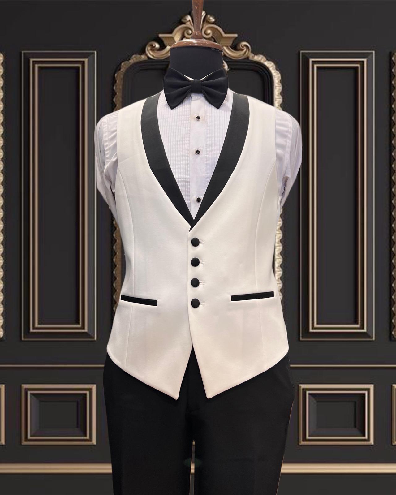 Men’s White Tuxedo with Black Shawl Lapel  – Perfect for Weddings & Galas