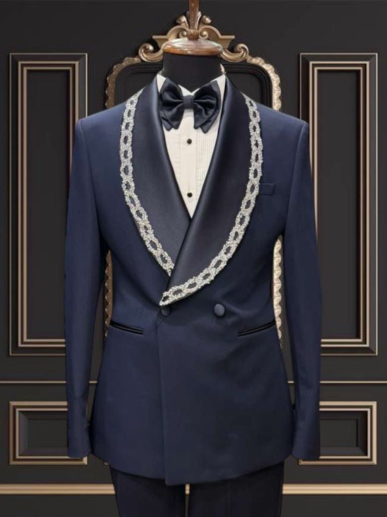 Men’s Navy Blue Double-Breasted Tuxedo with Embroidered Shawl Lapel