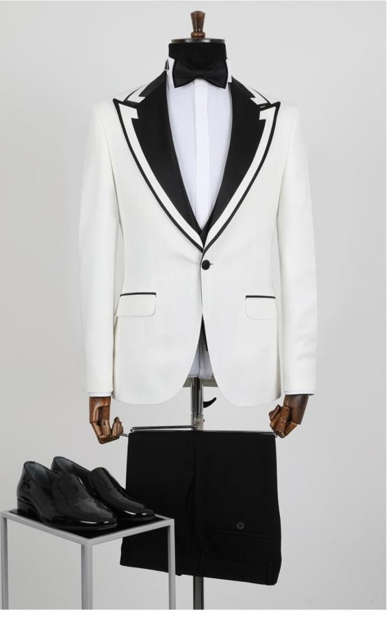 Premium Men's White Tuxedo with Black Peak Lapel & Black Pants – Elegant & Modern