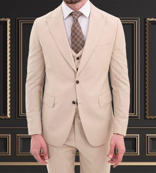 Men's stone beige slim fit 3-piece suit, perfect for weddings and formal occasions.