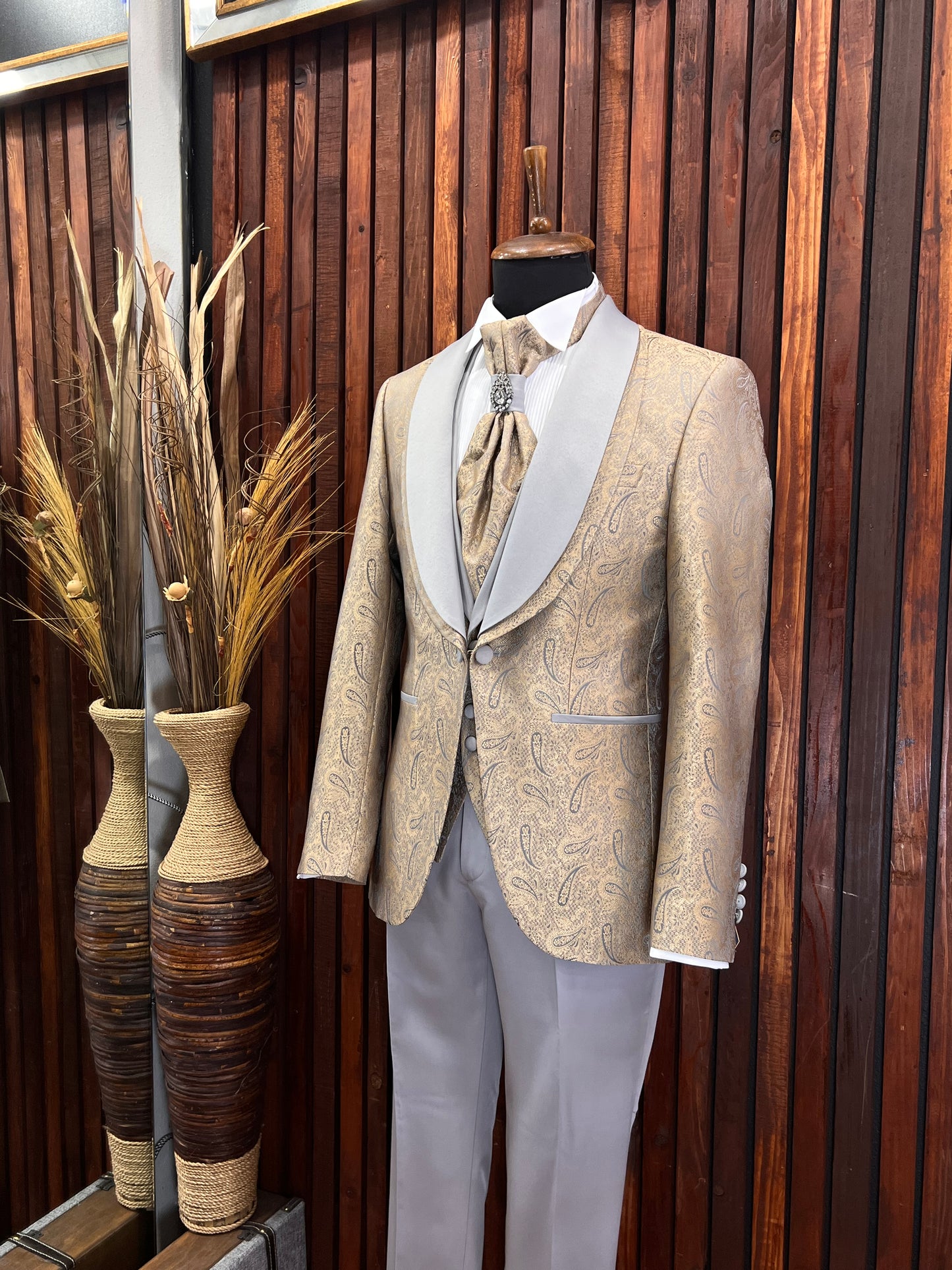 Men's Gold Tuxedo with Grey Shawl Lapel | Luxurious Formal Wear