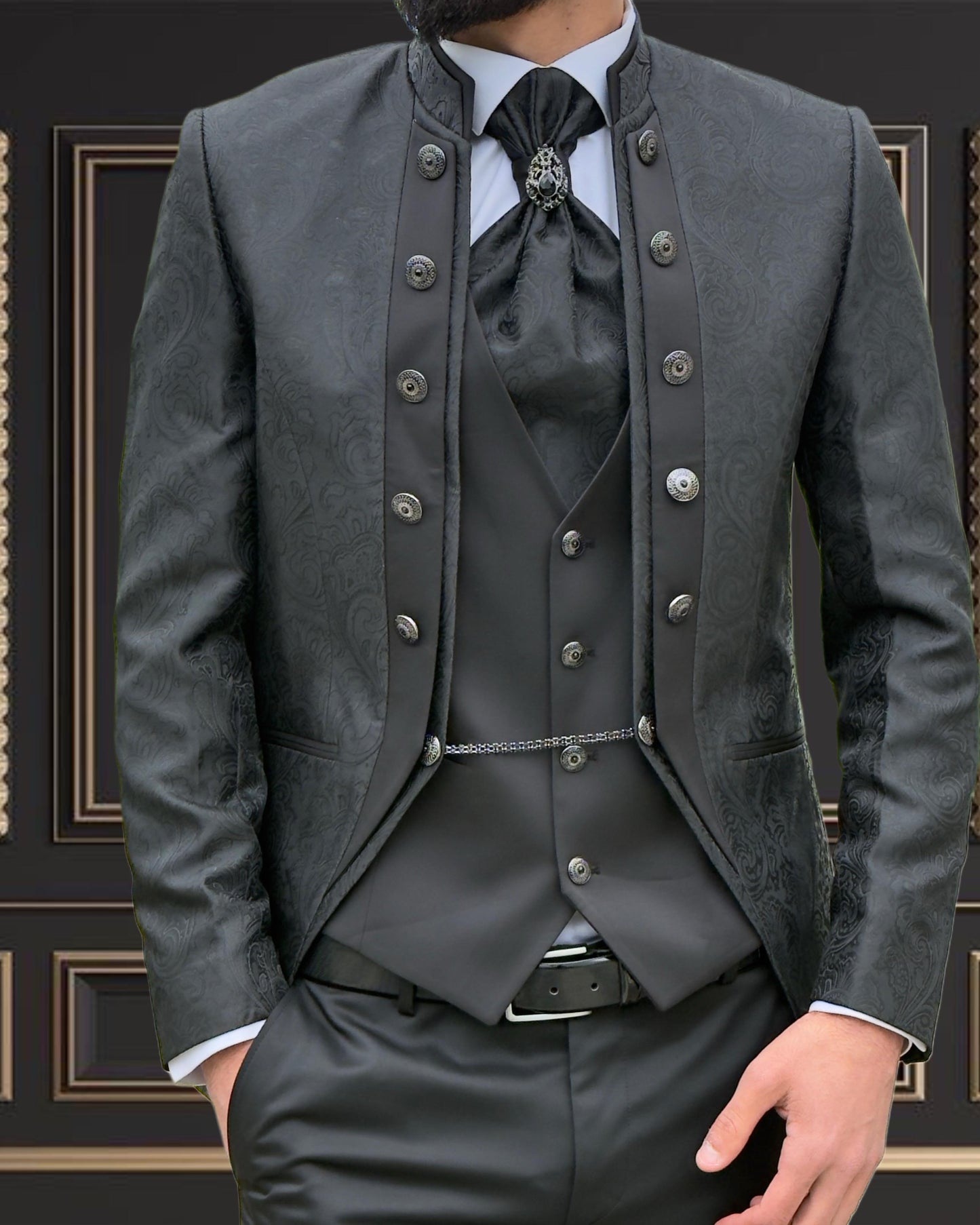 Men's Black Jacquard Tuxedo mandarin collar