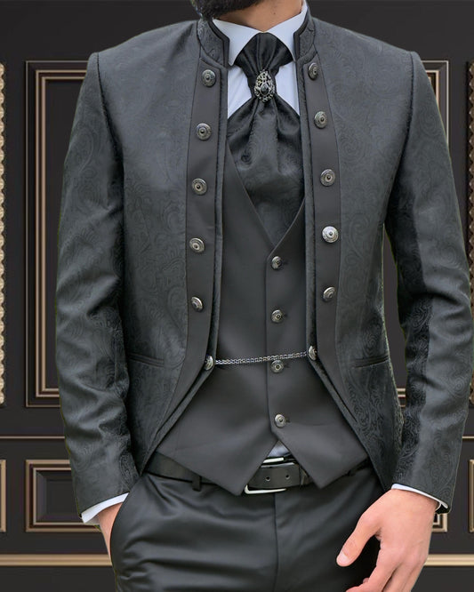 Men's Black Jacquard Tuxedo mandarin collar