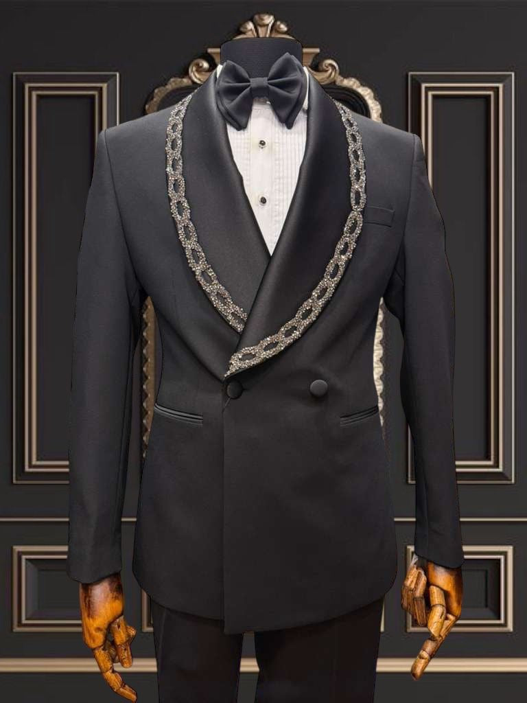 Men’s Black Double-Breasted Tuxedo with Embroidered Shawl Lapel
