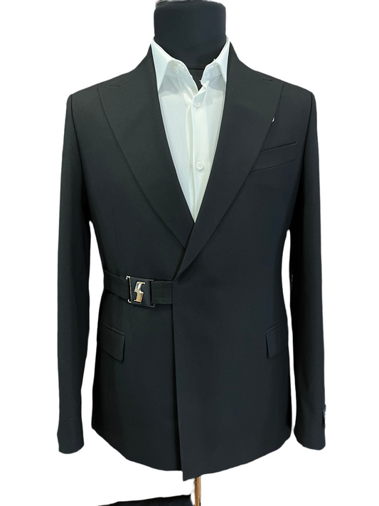 Black Belted Double Breasted 2 Piece Slim Fit Suit