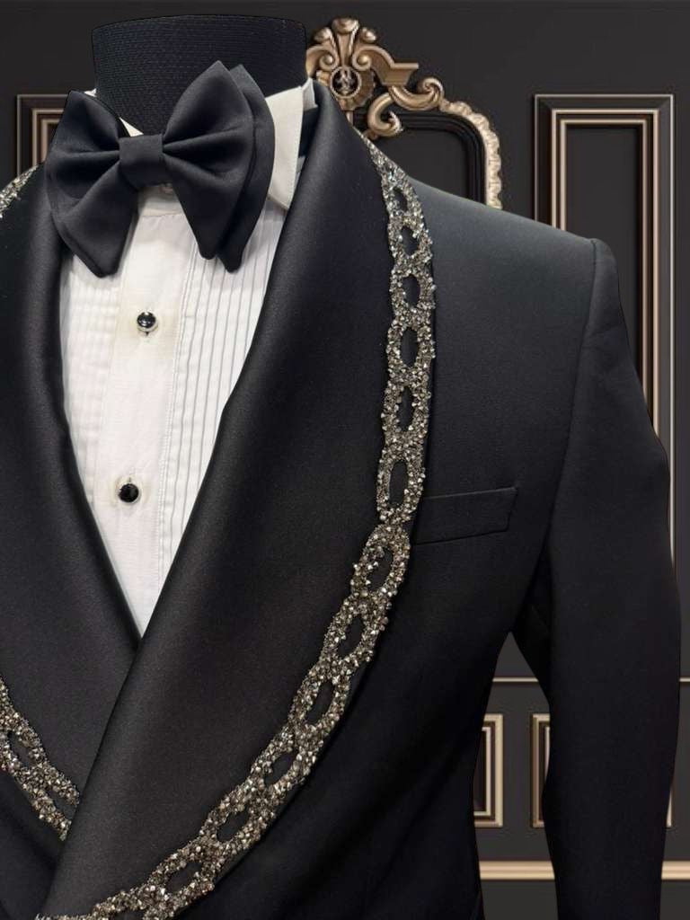 Men’s Black Double-Breasted Tuxedo with Embroidered Shawl Lapel
