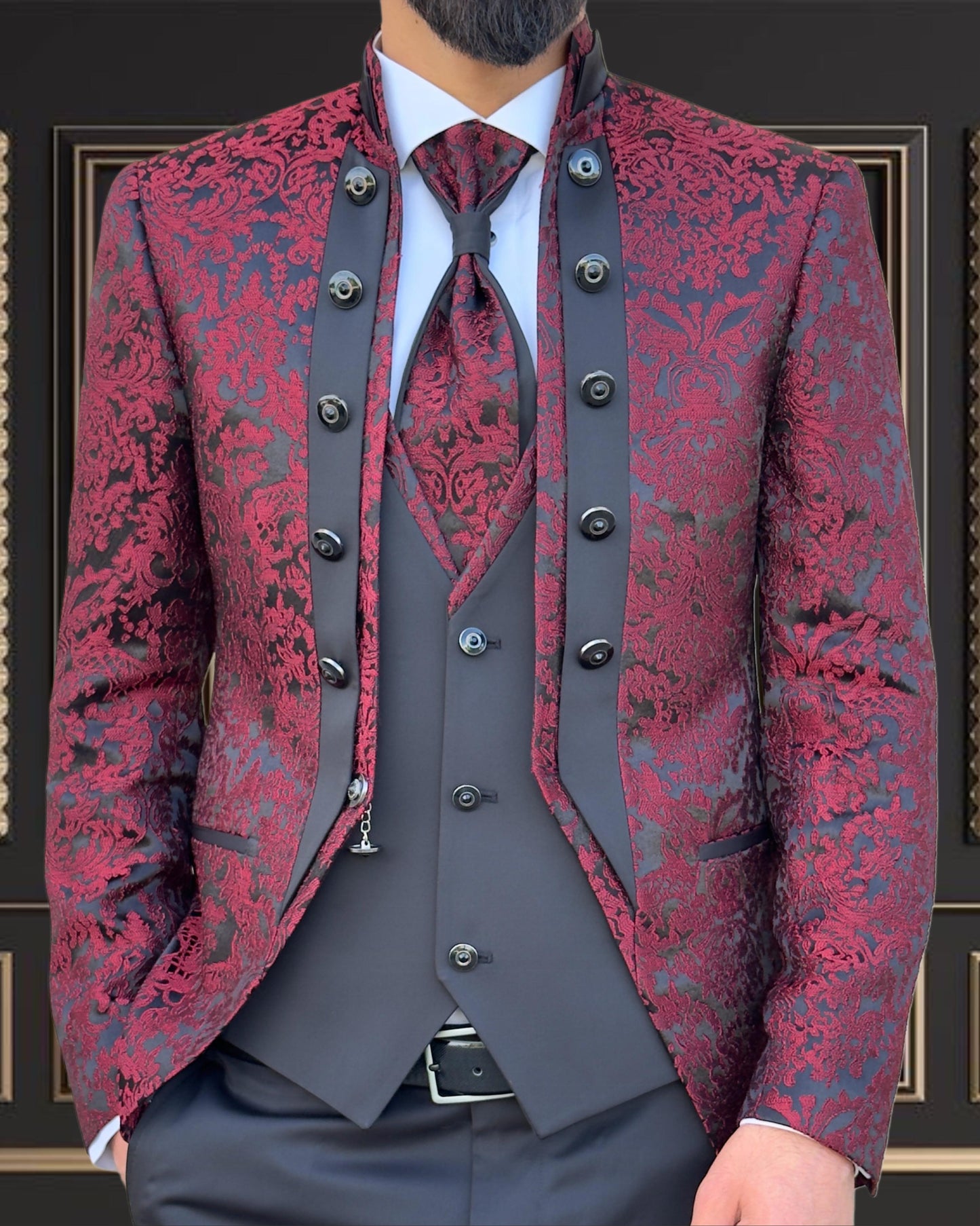 Men's Burgundy Mandarin Collar Tuxedo | Slim Fit Premium Tux