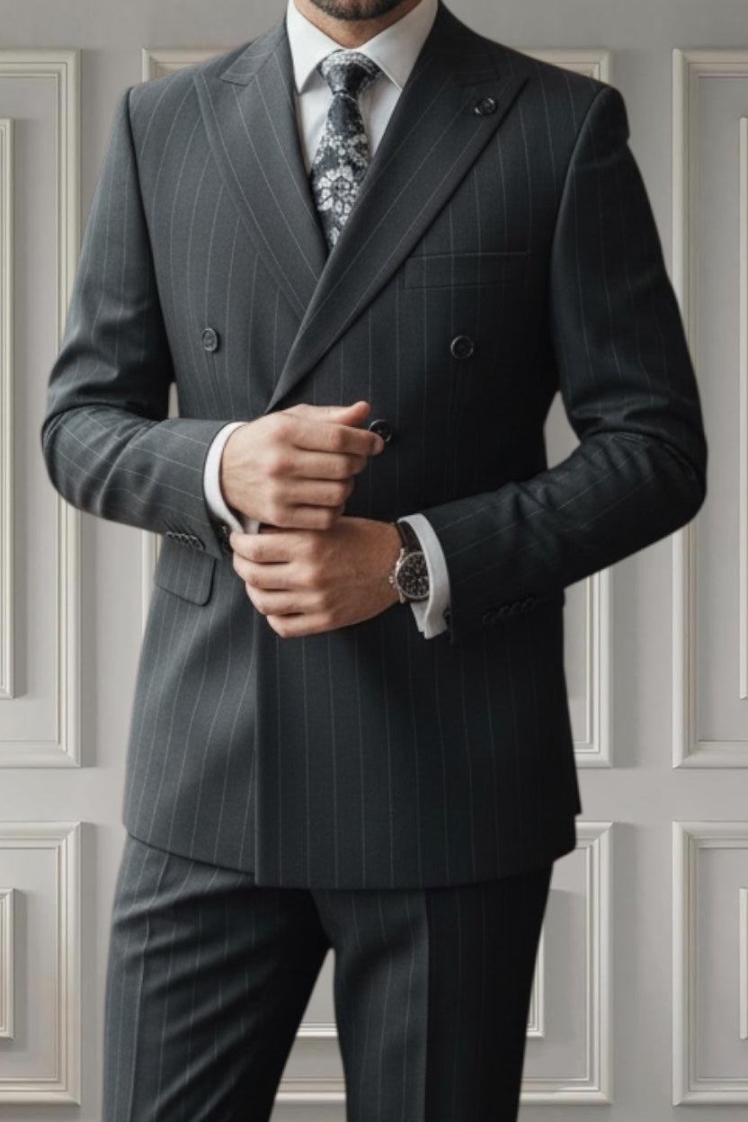 Men’s Black Pinstripe Double-Breasted Business Suit