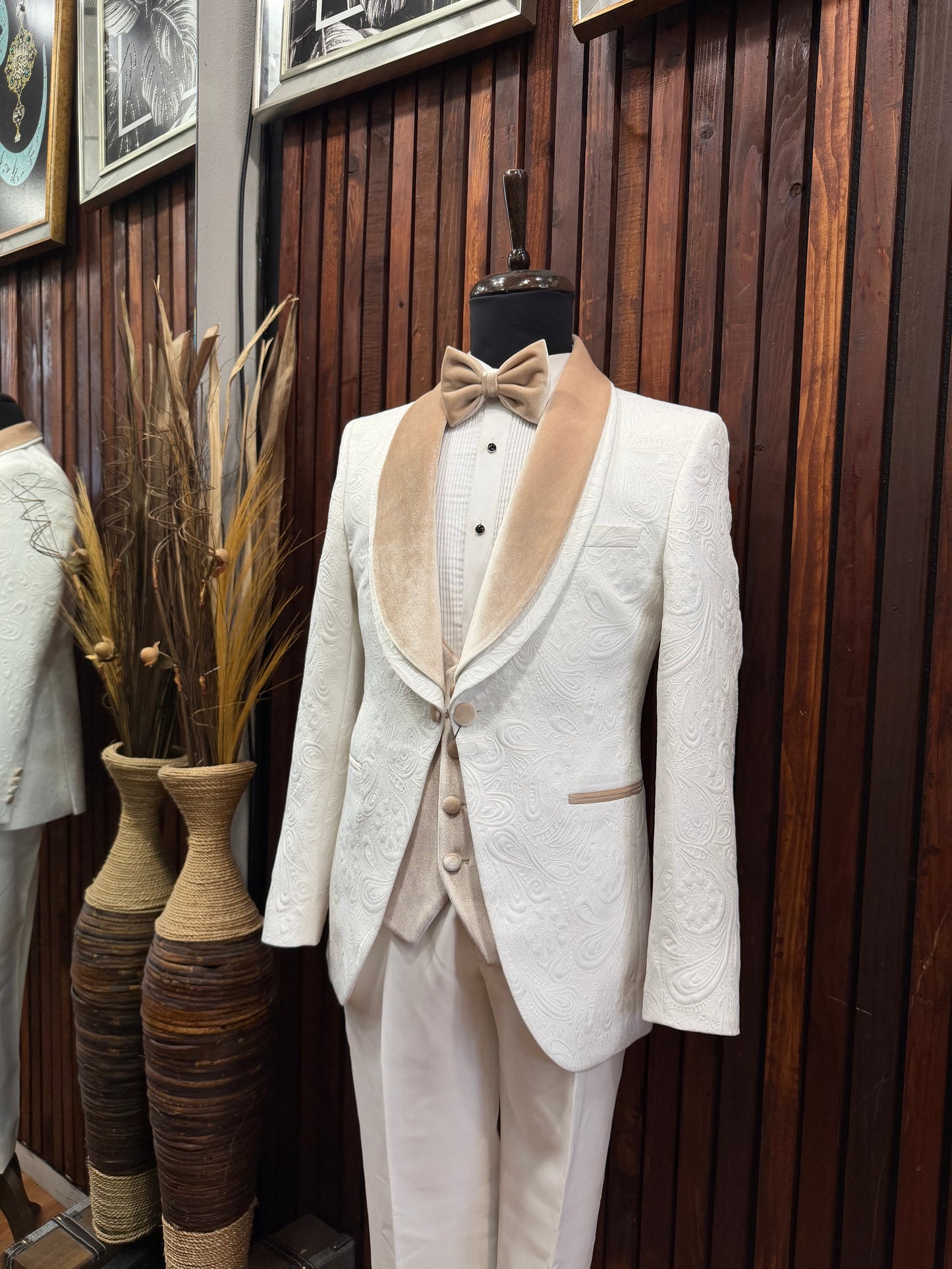 Mens White Tuxedo with champagne velvet lapel