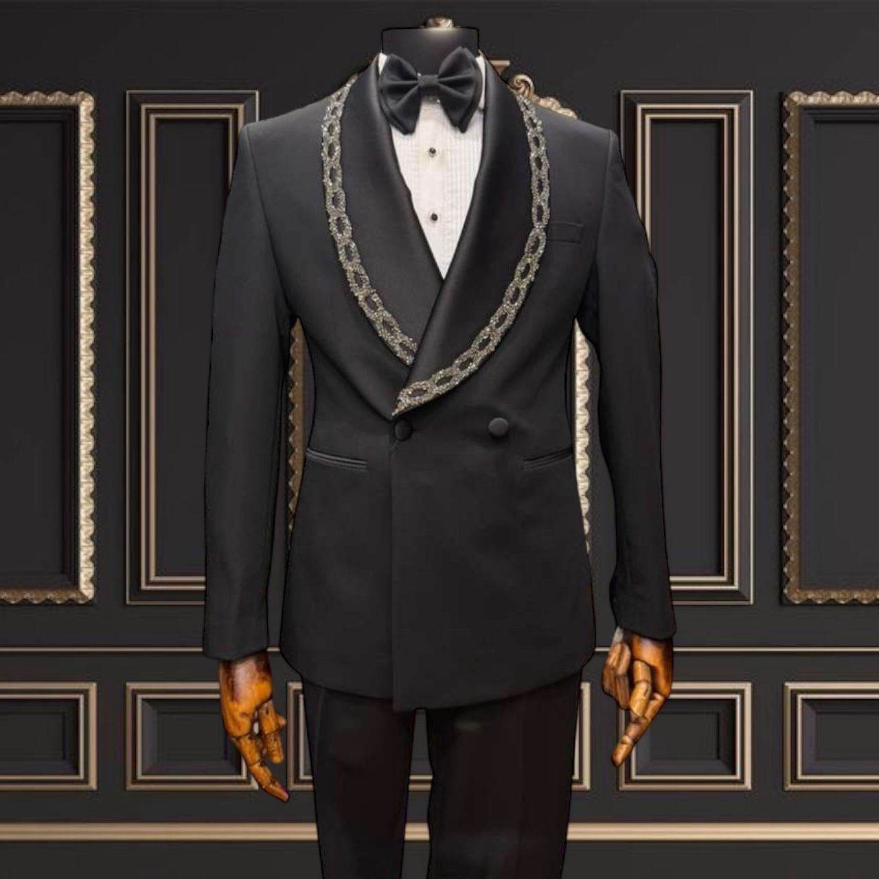 Men’s Black Double-Breasted Tuxedo with Embroidered Shawl Lapel
