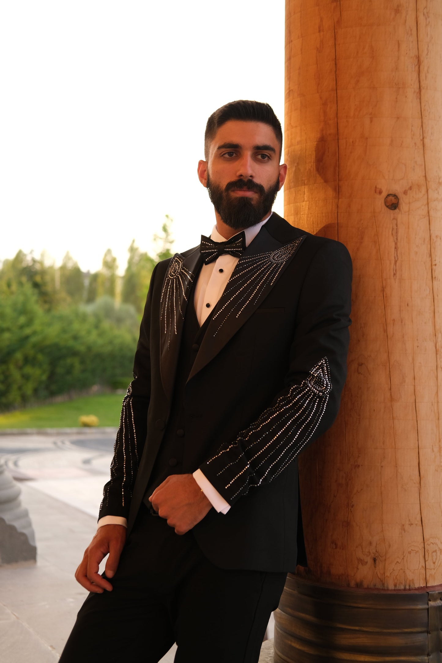 Premium Slim Fit Black Tuxedo with stone glitter design _ Peak Lapel