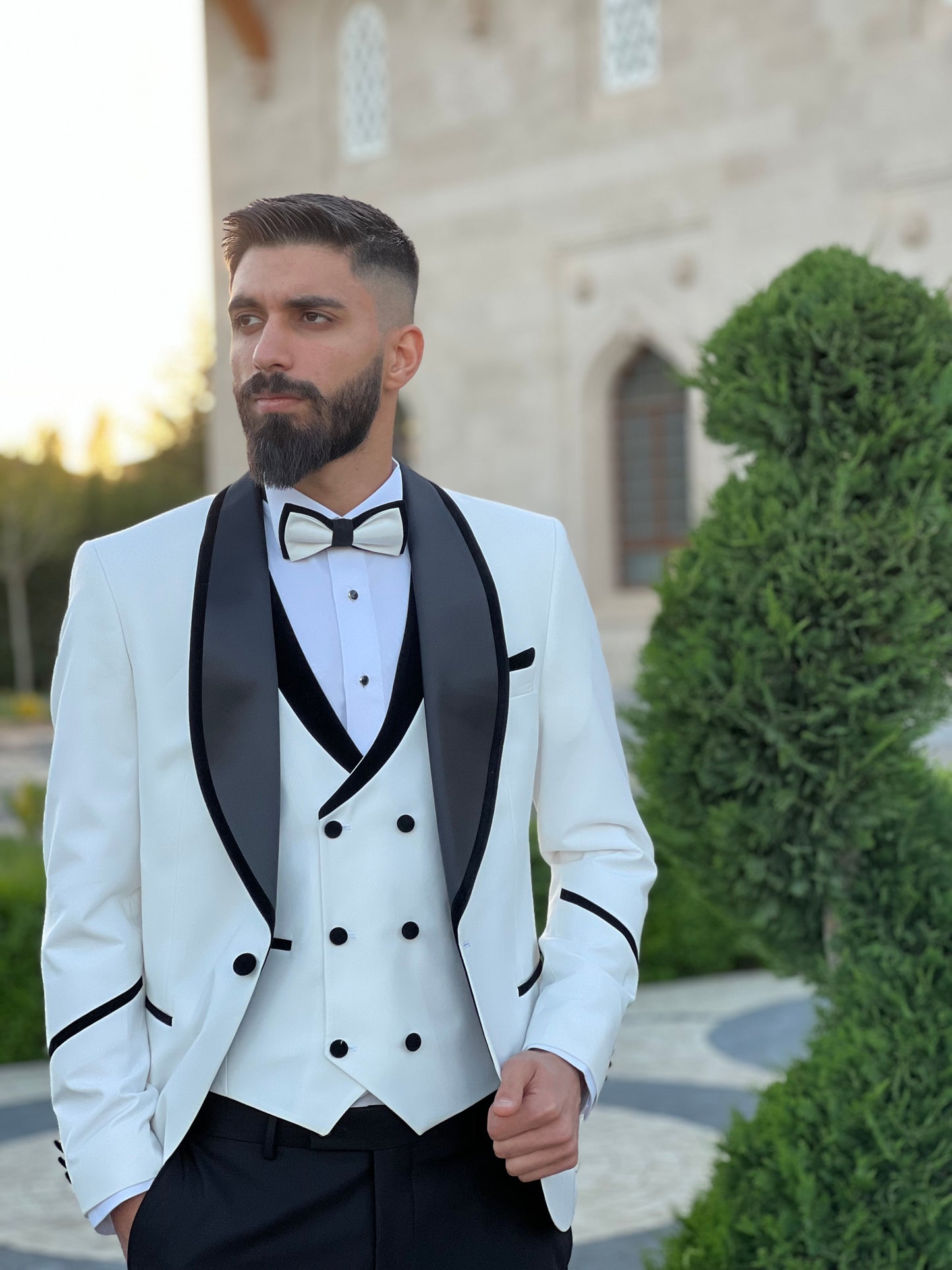 Men's Off-White Tuxedo with Black Satin Lapel | Premium Formal Wear