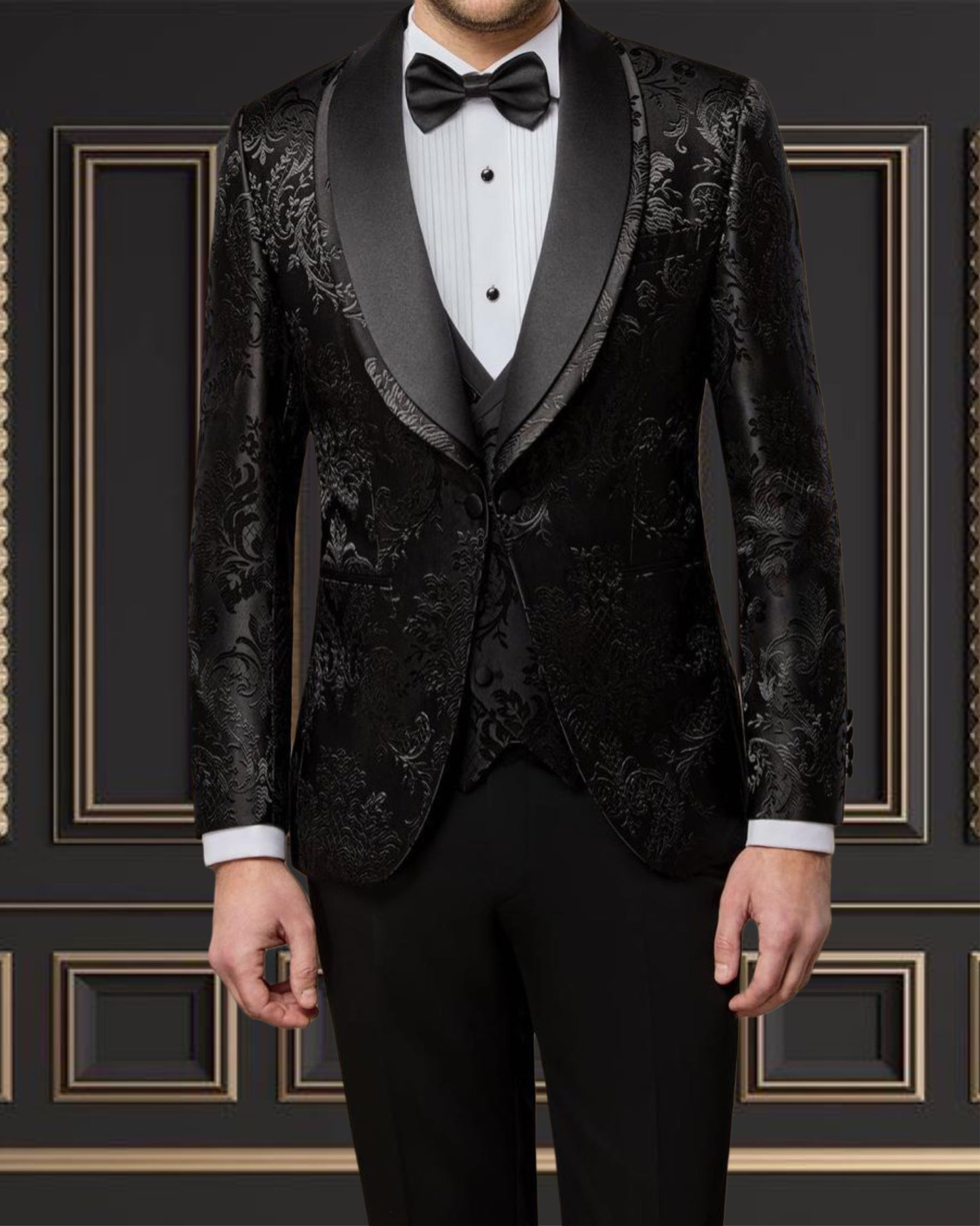 Premium Black Floral Shawl Lapel Tuxedo for Men – Elegant & Modern