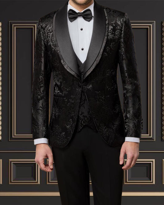 Premium Black Floral Shawl Lapel Tuxedo for Men – Elegant & Modern