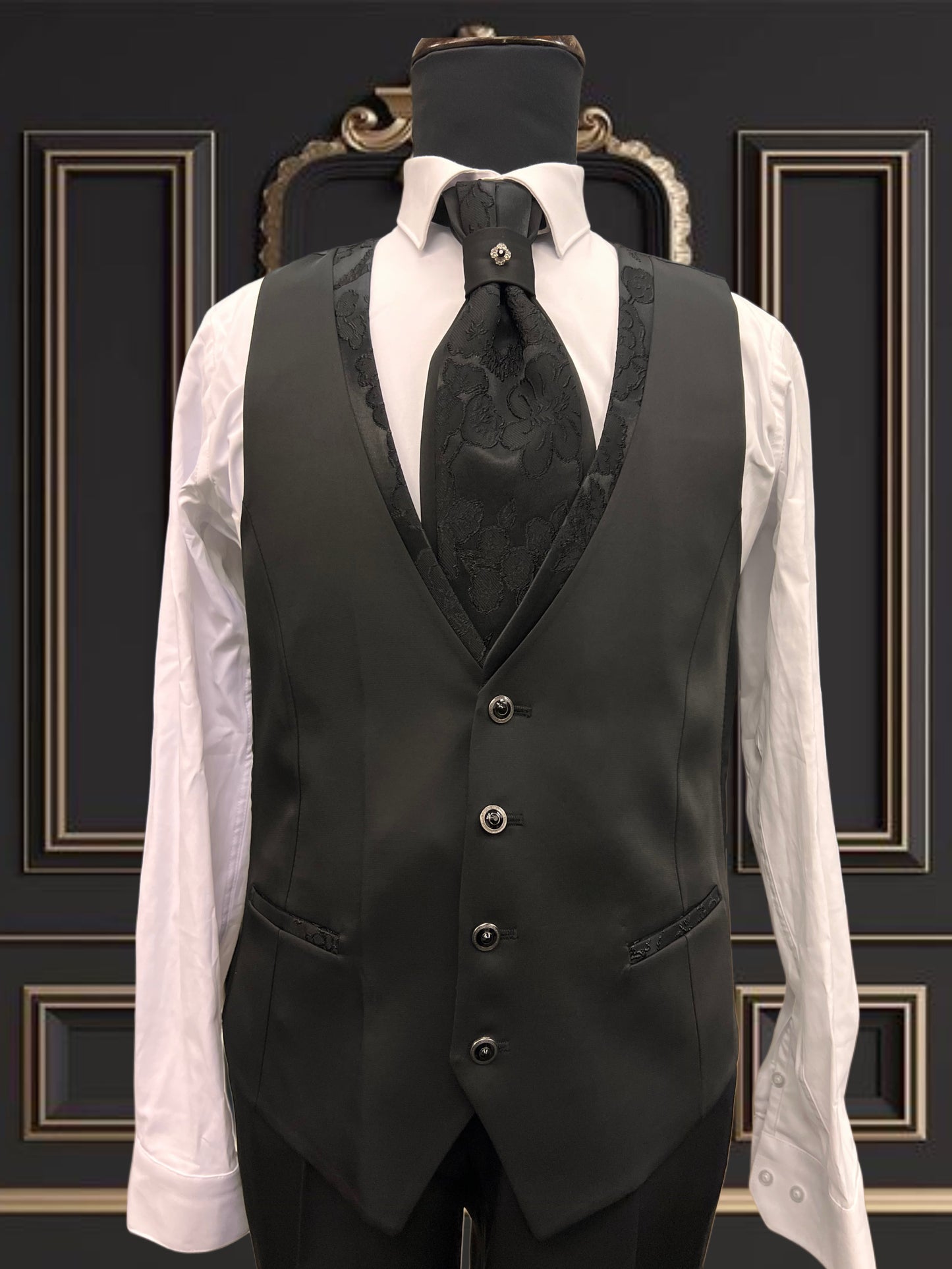 Men's Floral Black Slim Fit Tuxedo with Mandarin Collar | Premium Tux