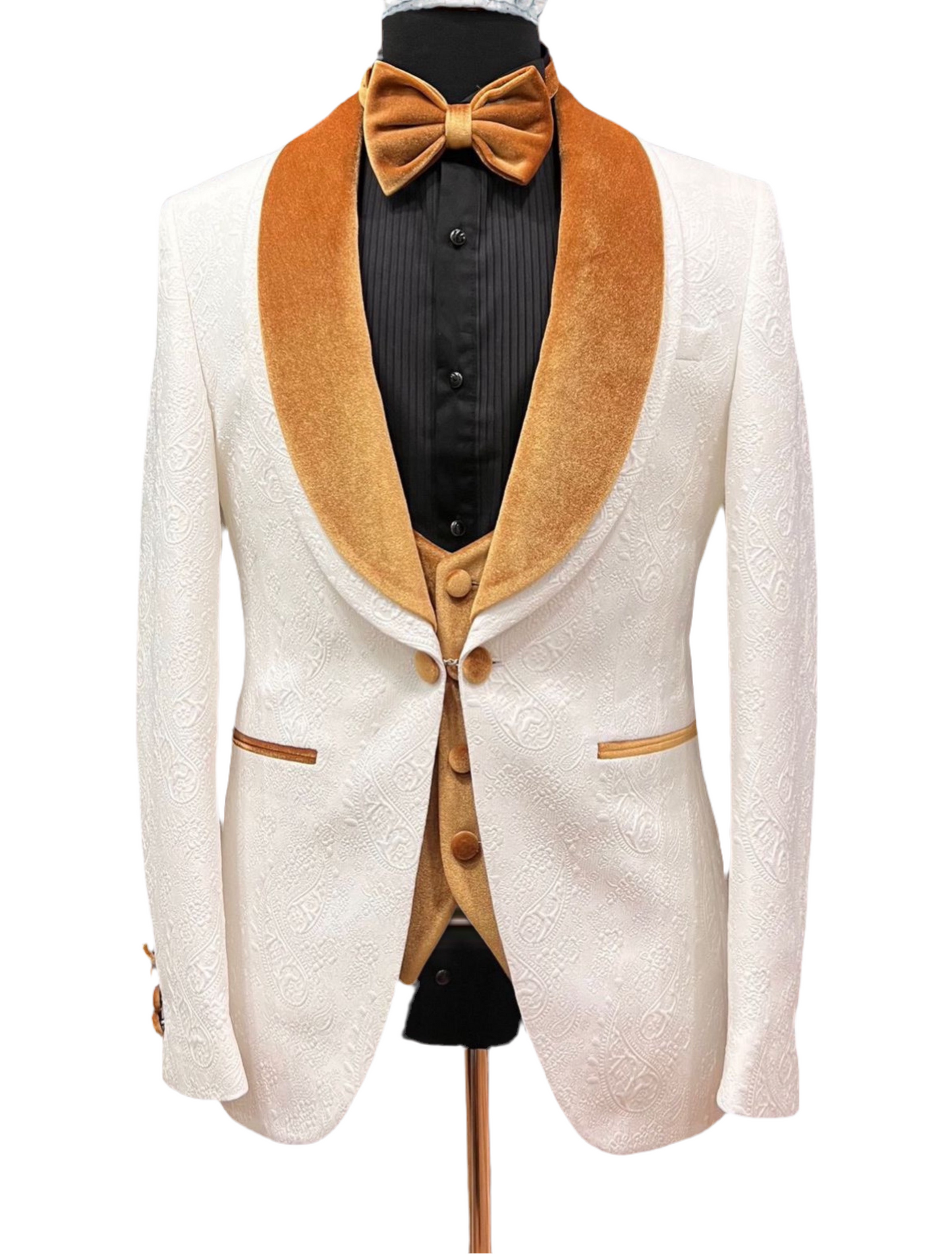 Mens White Tuxedo with gold velvet lapel Slim fit 3 piece Tuxedo | Premium