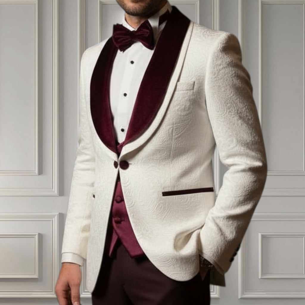 Men’s Burgundy Plum 3-Piece Tuxedo Suit with Velvet Lapel – Formal Wedding & Prom Suit