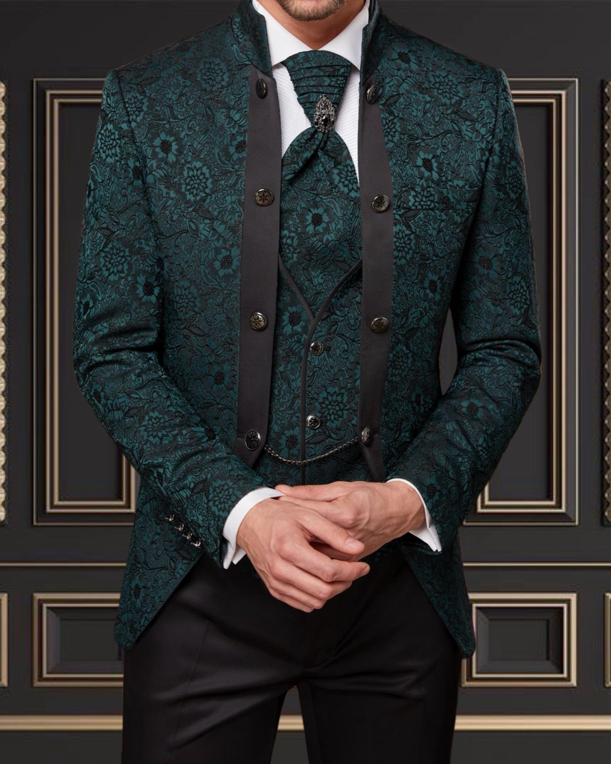 Men's Green Floral Mandarin Collar Tuxedo US 48 | EU 58 | 40 Waist Men's Green Floral Mandarin Collar Tuxedo US 48 | EU 58 | 40 Waist