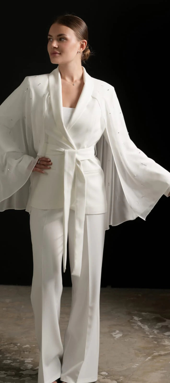 White Crystal-Dusted Cape Sleeve Women’s Tuxedo Suit