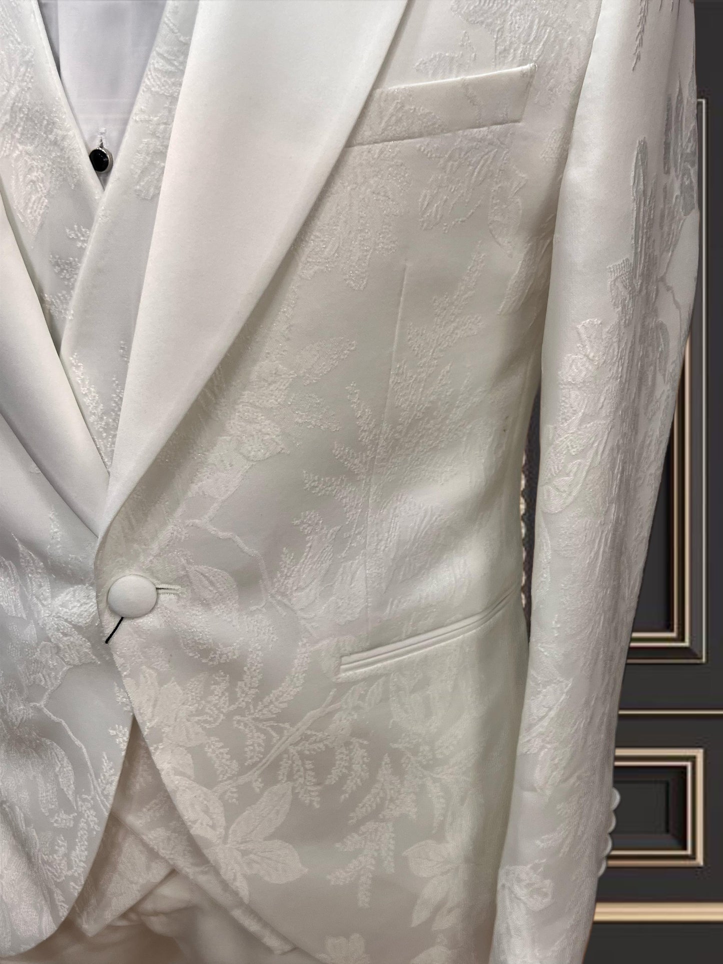 All Off White Floral Tuxedo with White Satin Lapel
