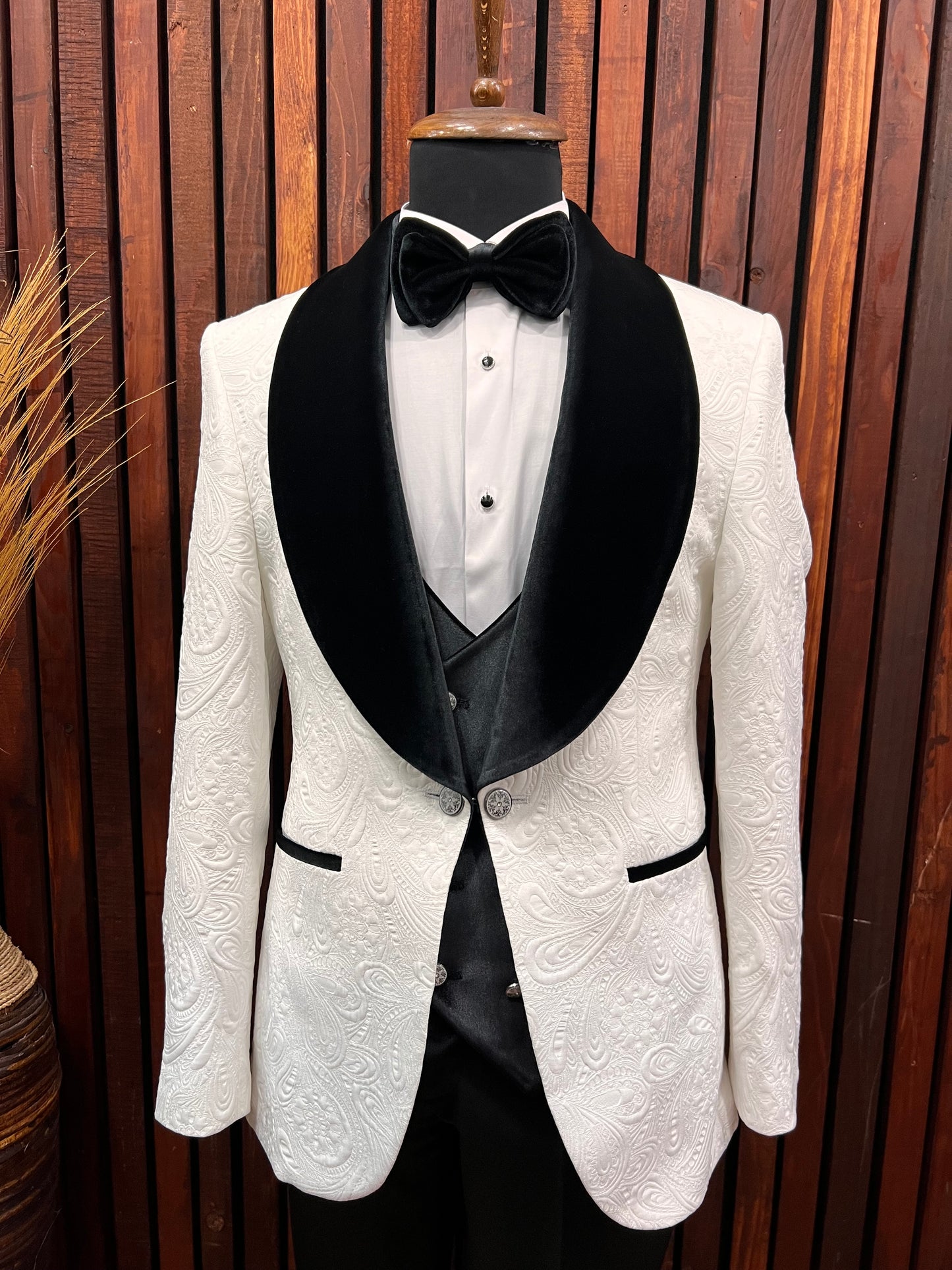 Mens white floral tuxedo With Black Velvet Shawl Lapel Slim Fit 4 piece Tuxedo | Premium Quality