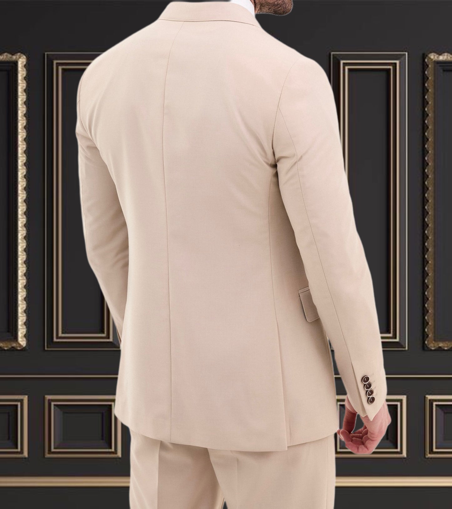 Back view of a men's stone beige slim fit 3-piece suit, showcasing elegant tailoring and style.