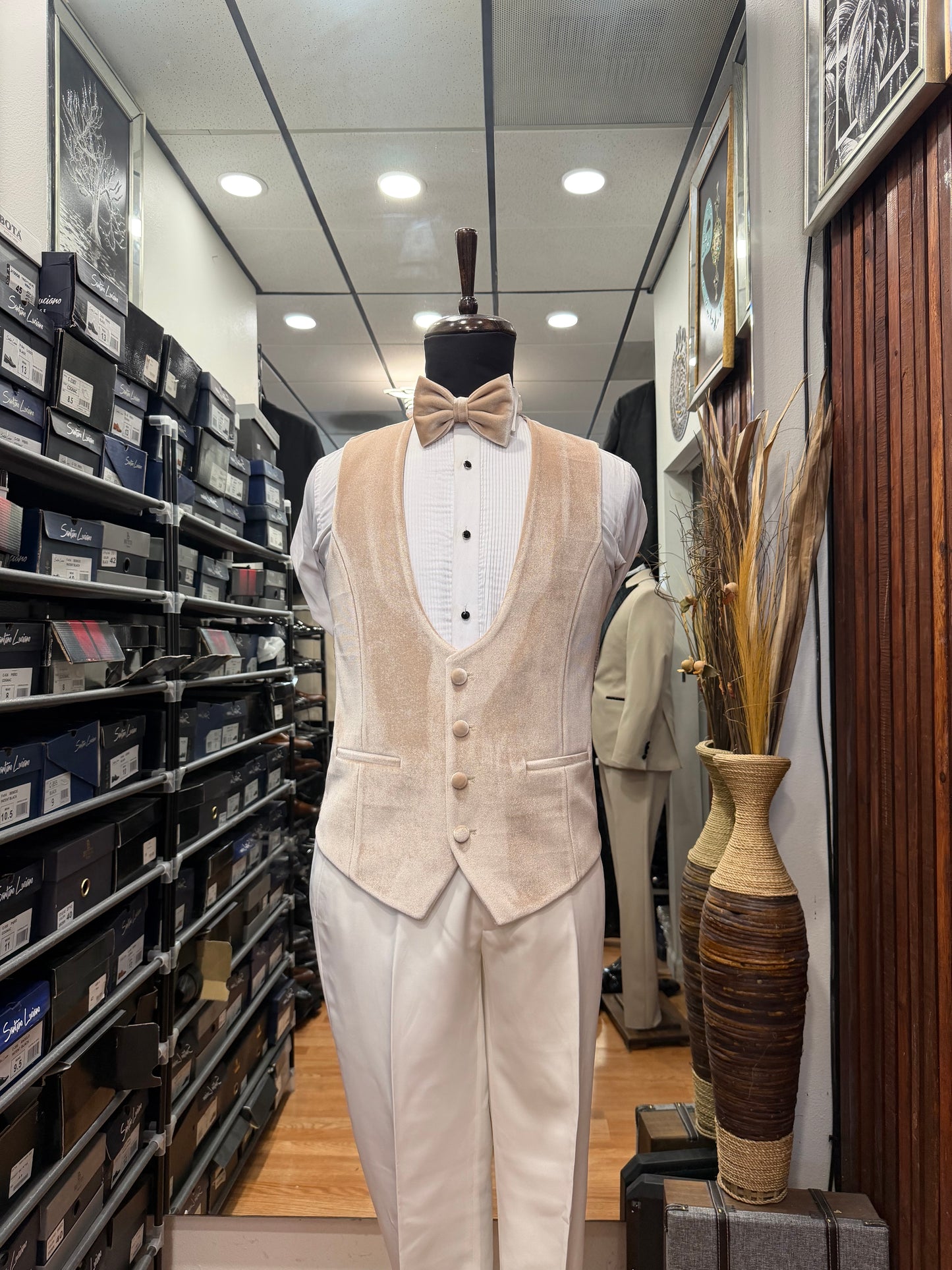 Mens White Tuxedo with champagne velvet lapel