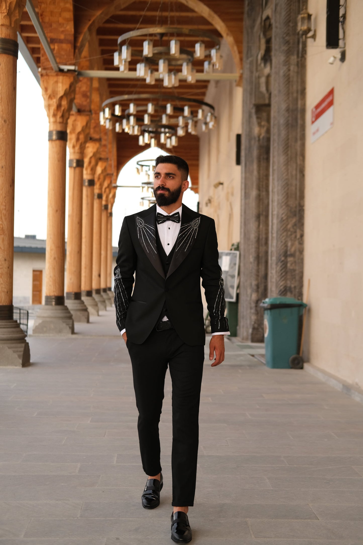 Premium Slim Fit Black Tuxedo with stone glitter design _ Peak Lapel