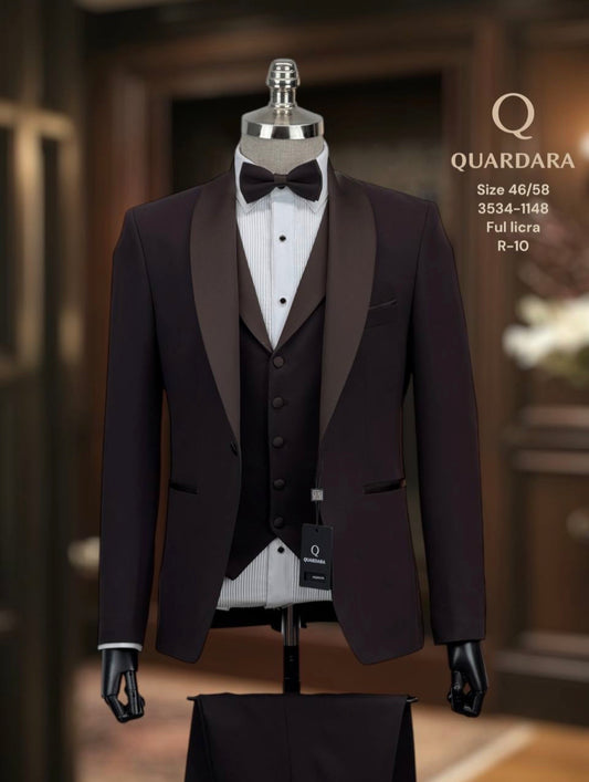 Men’s Brown 3-Piece Shawl Lapel Tuxedo – Slim Fit Formal Suit with Satin Lapel