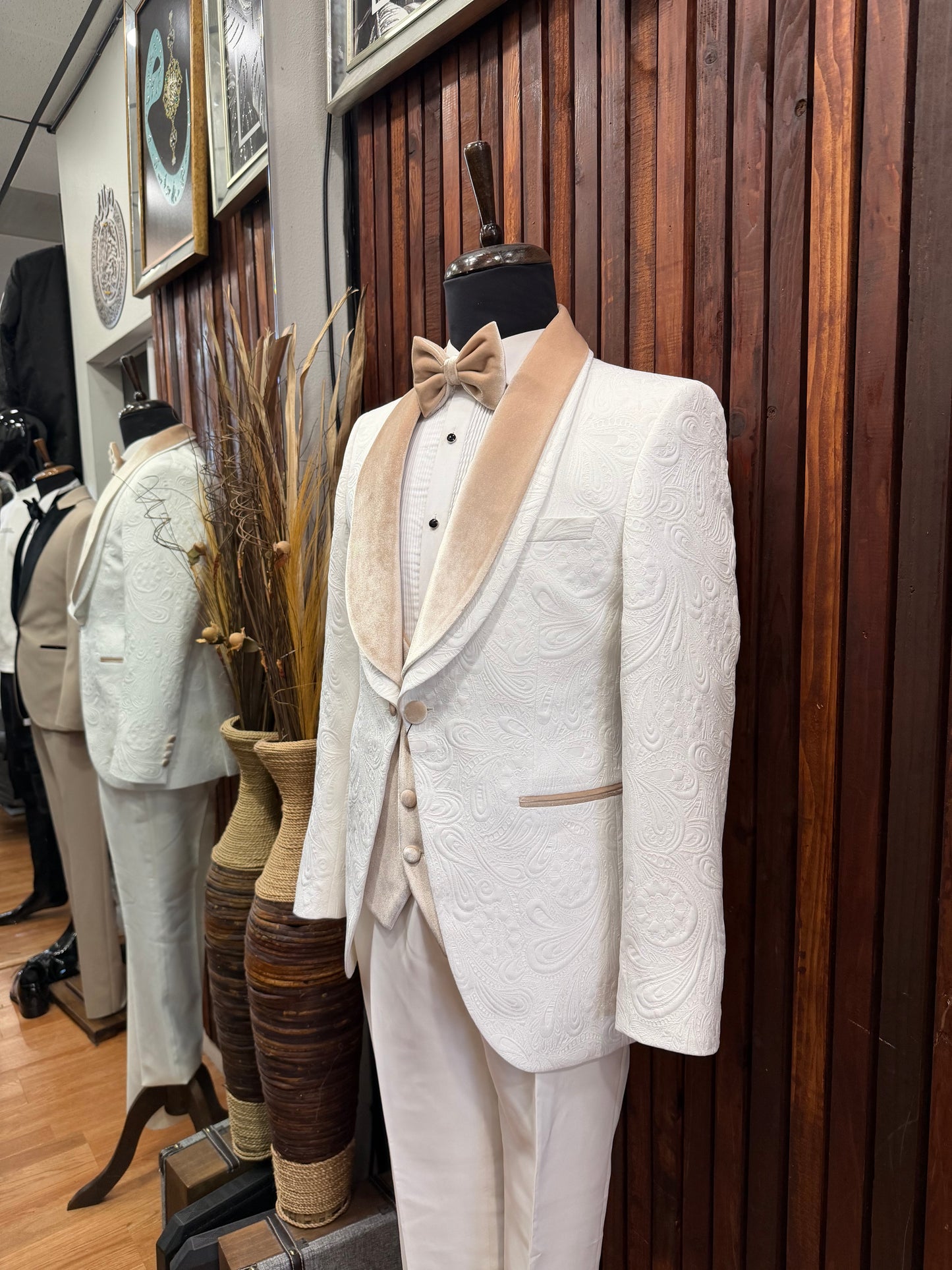 Mens White Tuxedo with champagne velvet lapel